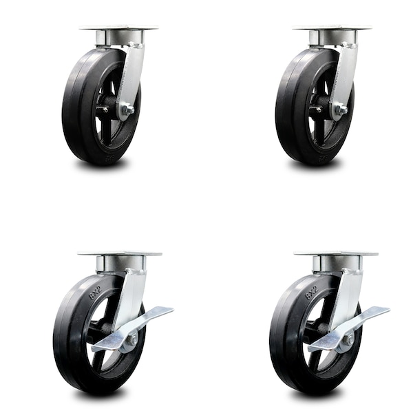 8 Inch Kingpinless Rubber on Steel Wheel Swivel Caster Set with 2 Brakes SCC